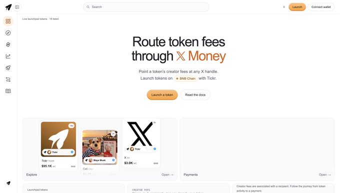 A screenshot of a website interface featuring the text 'Route token fees through X Money' and showcasing token launches including 'Tldr' and 'X' priced at $95.1K and $5.0K respectively.