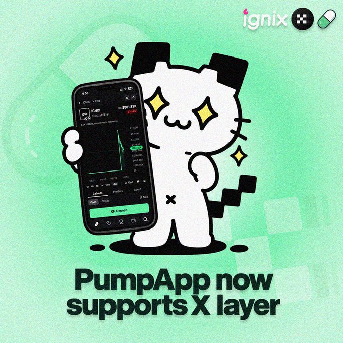 A cute cartoon mascot in an "X" outfit holds up a smartphone displaying an Ignix (IGNX) trading chart on the PumpApp, with promotional text reading "PumpApp now supports X layer." The image visually ties to the announcement that PumpApp has integrated X Layer ecosystem support, making trading of $IGNX tokens easier.