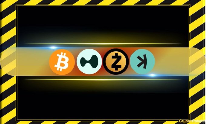 A graphic featuring cryptocurrency symbols for Bitcoin, a bowtie logo, Zcash, and another token displayed on a glowing bar, framed by yellow and black hazard stripes.
