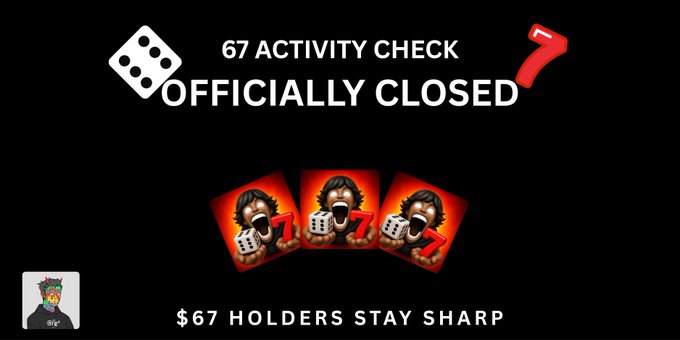 A graphic with a black background reading '67 ACTIVITY CHECK OFFICIALLY CLOSED' at the top and '$67 HOLDERS STAY SHARP' at the bottom, featuring three images of a screaming monkey holding a die.