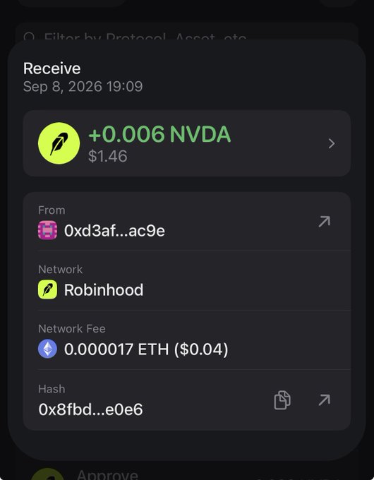 A screenshot of a crypto wallet showing a successful "Receive" transaction of +0.006 NVDA ($1.46) from Robinhood via the address 0xd3af...ac9e on September 8, 2026, with a network fee of 0.000017 ETH ($0.04). The transaction details confirm the user's successful claim of approximately $1 worth of NVDA tokens, matching their post about claiming $1.