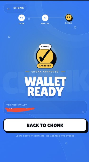 The image shows a mobile confirmation screen with a blue background displaying "CHONK APPROVED — WALLET READY" and a verified wallet section, with a "BACK TO CHONK" button at the bottom. This appears to be the final step (step 03 "READY") of a three-step process for claiming a $CHONK airdrop on chonkonsol.xyz, where users enter a code and connect their Solana wallet to receive the airdrop.