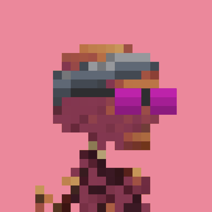 Pixel art portrait of a figure in profile wearing a blue visor against a pink background.