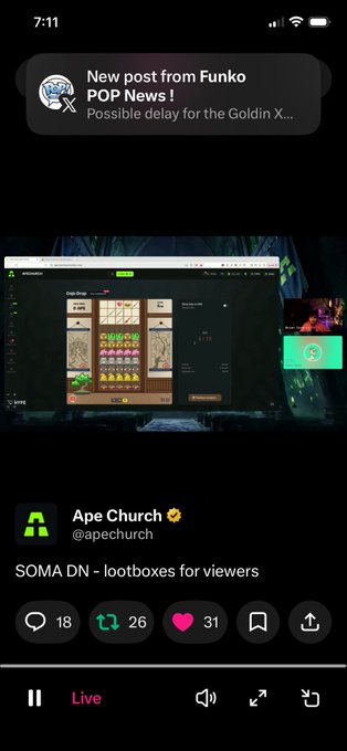 A mobile screen displays a live stream titled 'Ape Church @apechurch' with the text 'SOMA DN - lootboxes for viewers' and 18 comments, 26 retweets, and 31 likes.