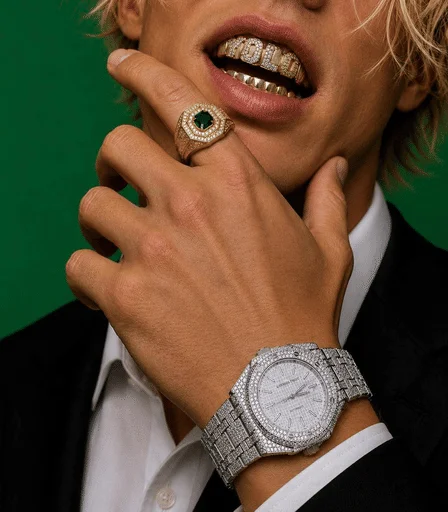 A close-up of a person wearing diamond-encrusted grillz, a gold ring with a green stone, and a silver diamond-covered watch and bracelet against a green backdrop.