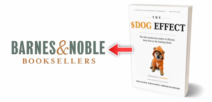An advertisement showing the Barnes & Noble Booksellers logo with a red arrow pointing to a book titled "THE $DOG EFFECT: The first memecoin native to Bitcoin, born free in the baking block" by Fair Launcher, featuring a Shiba Inu dog wearing a hoodie.