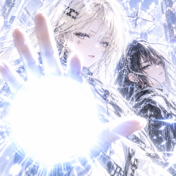 An anime-style digital artwork featuring two pale figures with intricate details, one reaching forward with a glowing hand surrounded by bright light and crystalline shards.