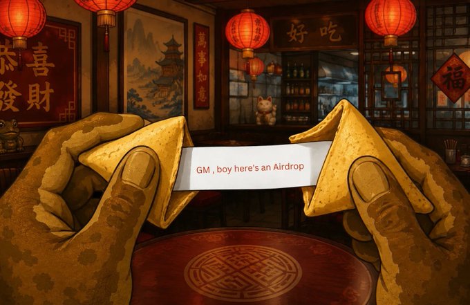 Two illustrated hands crack open a fortune cookie displaying "GM, boy here's an Airdrop," set against a festively decorated Chinese restaurant with red lanterns and characters reading "好吃" and "福," visually reinforcing the crypto airdrop announcement and the featured Solana wallet addresses.