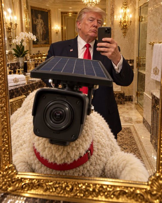 A man resembling Donald Trump takes a mirror selfie in an opulent bathroom, with a security camera topped by a solar panel in the foreground and a fluffy white dog wearing a red collar beside it.