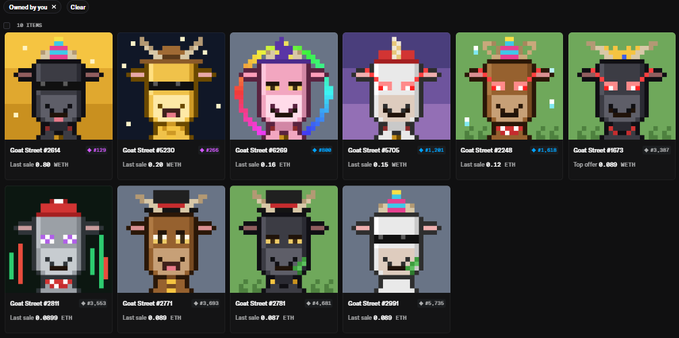 An OpenSea NFT marketplace showing pixel art 'Goat Street' collectibles (IDs #2614, #6230, #6260, #6705, #2248, #2673, #2611, #2771, #2789, #2691) with various prices in ETH and WETH.