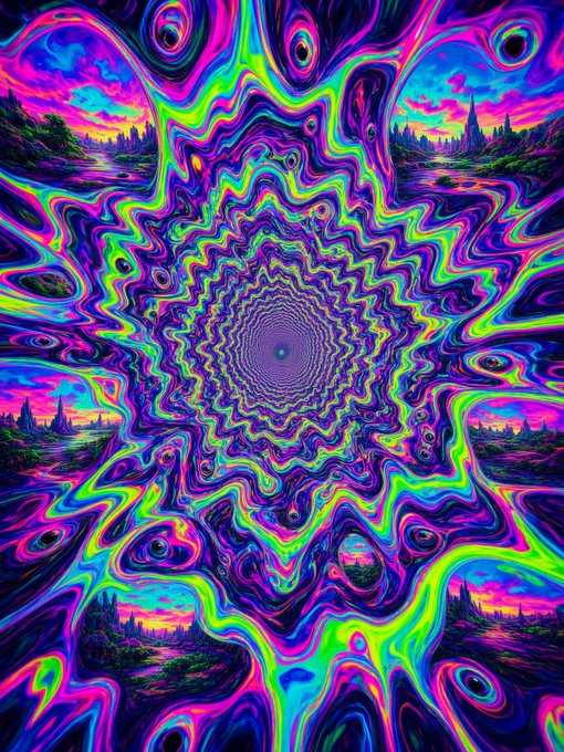 A vibrant, psychedelic kaleidoscope image featuring swirling neon colors—greens, pinks, blues, and purples—forming a central mandala-like pattern with mirrored landscape scenes visible in the corners.