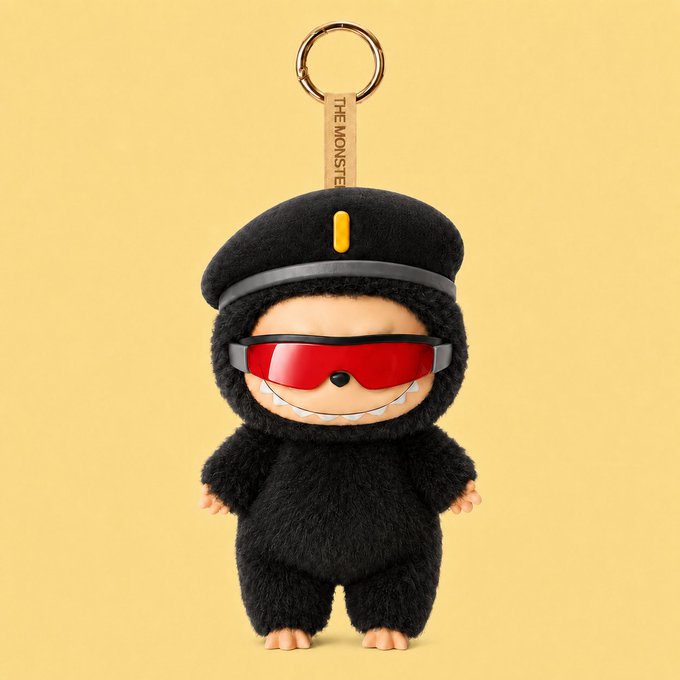 A black fuzzy plush keychain figure labeled 'THE MONSTE' wearing a beret and red sunglasses, with a toothy grin, set against a yellow background.