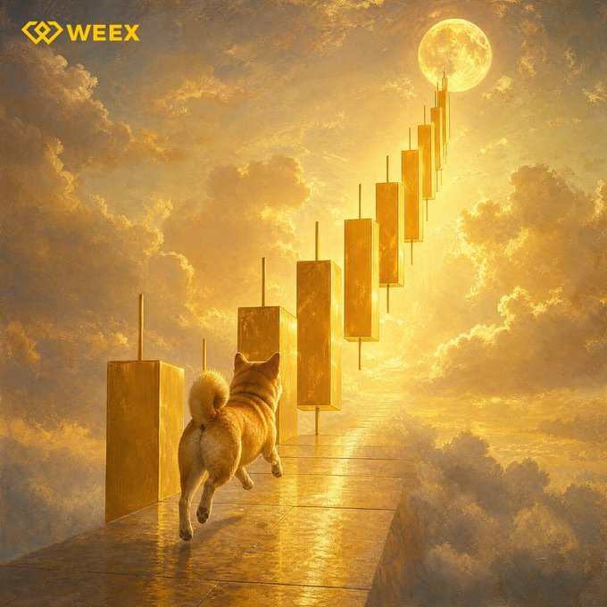 A Shiba Inu runs along a golden path toward glowing candlestick bars and a large moon, symbolizing the classic "to the moon" crypto rally meme. The "WEEX" logo appears in the top-left corner, tying the bullish market imagery to the exchange brand as it questions which coin will reach the moon.