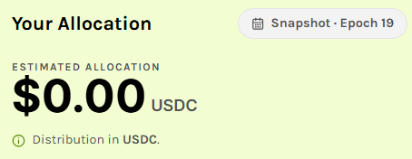 A screenshot showing 'Your Allocation' with an estimated allocation of $0.00 USDC, labeled as Snapshot • Epoch 19.
