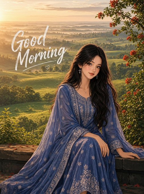 A digital illustration with the text "Good Morning" showing a young woman in an embroidered blue traditional dress sitting on a stone wall against a sunlit green countryside landscape with red flowers.