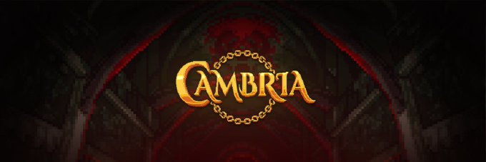 A dark red background with an arched architectural shape and a gold ornamental logo reading "CAMBRIA" with a chain design.