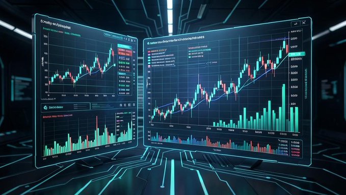 A digital rendering shows multiple curved screens displaying various financial candlestick charts and bar graphs in bright blue, green, and red colors, set against a dark, futuristic background with glowing circuit lines.