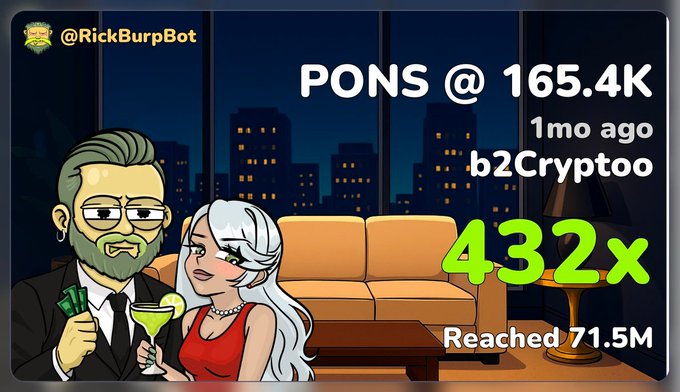The image is a celebratory graphic from "@RickBurpBot" showing "$PONS @ 165.4K" achieved "1mo ago" by "b2Crypto," with a "432x" gain highlighted and the note "Reached 71.5M." It depicts a cartoon bearded man in a suit and a silver-haired woman in a red dress toasting with drinks in front of a nighttime city skyline, visually commemorating $PONS hitting an all-time high today.