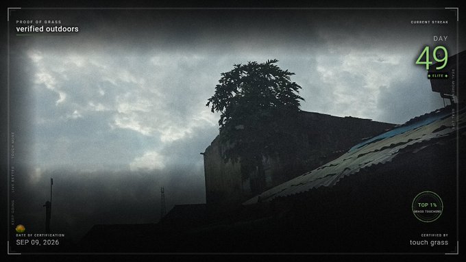 A dark, atmospheric photo of a tree and rooftop against a cloudy sky, framed with overlay text including 'DAY 49', 'verified outdoors', and 'CERTIFIED BY touch grass'.