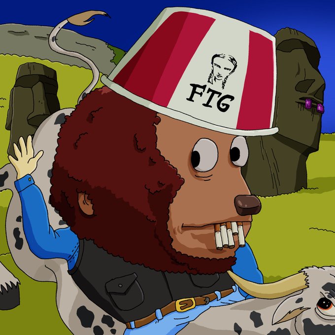 A cartoon character with a large brown afro, buck teeth, and a red-and-white striped cup labeled 'FTG' with a face on it sits on a spotted creature, with a Moai statue in the background referencing the Easter Island heads.