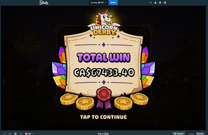The image shows a "Total Win" screen from the "Unicorn Derby" game on Stake, displaying a payout of CA$67,433.40, which the poster is celebrating as an unreal win while promoting Stake's usernames for others to try the game.