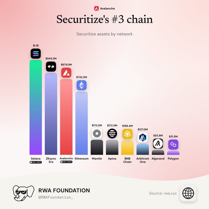 Bar chart infographic titled "Securitize's #3 chain" showing securitized assets by network, with Avalanche at $879.0M ranking third behind Solana ($1.1B) and ZkSync Era ($949.2M), credited to the RWA Foundation (@RWAFoundation_).