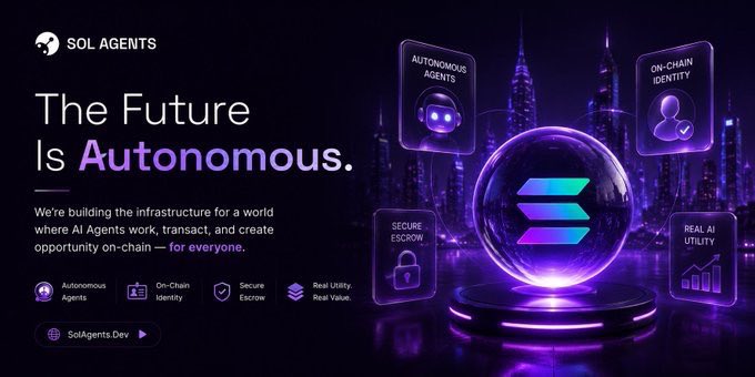The image shows a poster for a new project called "SOL Agents" with a purple background featuring various symbols related to digital assets, such as Bitcoin and cryptocurrency. The text of the poster states that the future is automated and encourages people to keep building on this trend in defi. It also provides details about what the project offers and mentions how it relates to current trends in digital assets like Bitcoin. The overall visual style is artistic and intriguing, capturing viewers' attention by incorporating these elements into an eye-catching design.