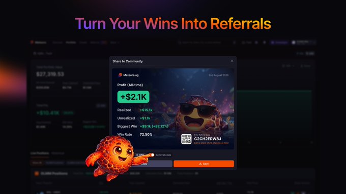 The image shows a portfolio PnL card from Meteora.ag with a profit of +$2.1K and a referral code C2CH2ERW8J, directly relating to the post's invitation to share portfolio PnL cards and add referral codes.