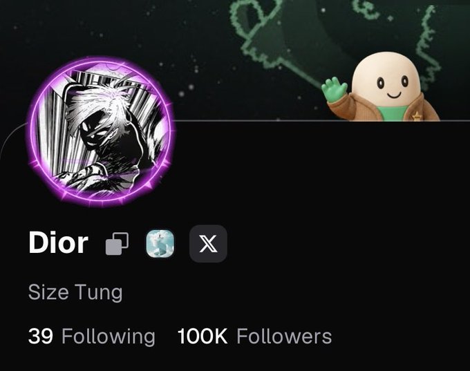 The image shows a social media profile for "Dior" with the display name "Size Tung," featuring 100K followers and 39 following, with a small Kenny from South Park waving in the corner. The post celebrates hitting the 100K follower milestone on the Pump app.