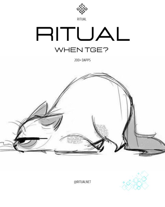 A promotional poster for 'RITUAL' featuring a black-and-white sketch of an anime-style character face, with text reading 'RITUAL WHEN TGE? 200+ DAPPS' and '@RITUALNET' at the bottom.