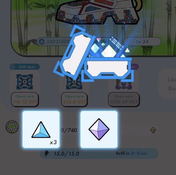 A STEPN game interface displays an upcoming sneaker Mystery Box with a 14h 4m countdown, 15.0/15.0 energy fully refilled in 2h 51m, and requires 3 blue gems (0/740 owned) alongside 1 purple gem to open, showing three lockbox options with availability timestamps of 1d 12h 51m, 7d 22h 6m, and 15d 23h 39m. The image relates to the user's post about enhancing their STEPN experience as a light user, showing the resources needed to participate in the in-game Mystery Box event featuring Algeria vs. Spain soccer.