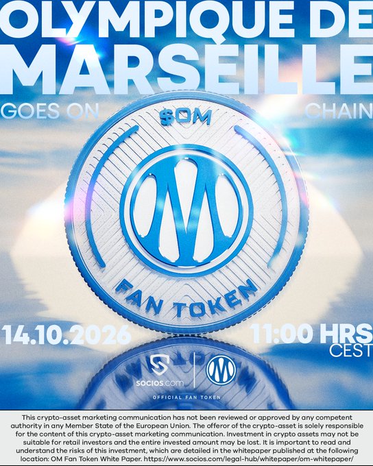 A promotional poster for Olympique de Marseille Fan Token, announcing a launch on 14.10.2026 at 11:00 HRS CEST, featuring the club's blue and white logo as a coin.