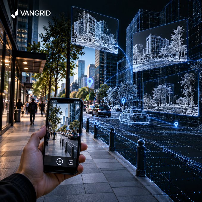 A VANGRID promotional image showing a hand holding a smartphone that displays a city street, with augmented reality overlays of digital wireframe buildings and location pins floating in the air.