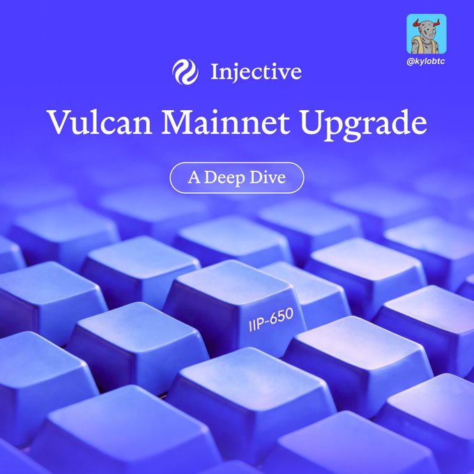 The image features a close-up view of a keyboard with blue keys that are slightly overlapping each other, creating an interesting pattern. The background of the image is purple, which contrasts nicely with the blue keys. In the top right corner of the image, there's text that reads "INJECTIVE Vulcan Mainnet Upgrade", and in the bottom left corner, there's a small logo for the website "Injective".