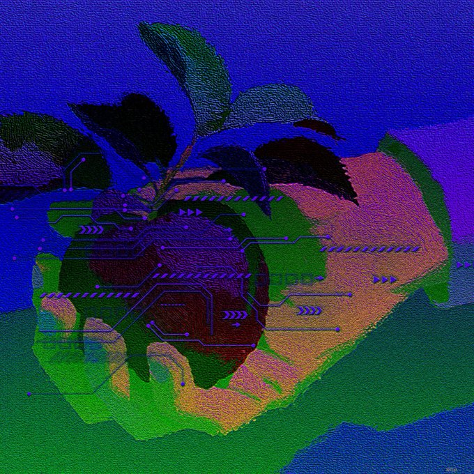 A digital artwork showing a hand holding a dark purple fruit, overlaid with purple circuit board patterns and lines, set against a blue and green textured background.