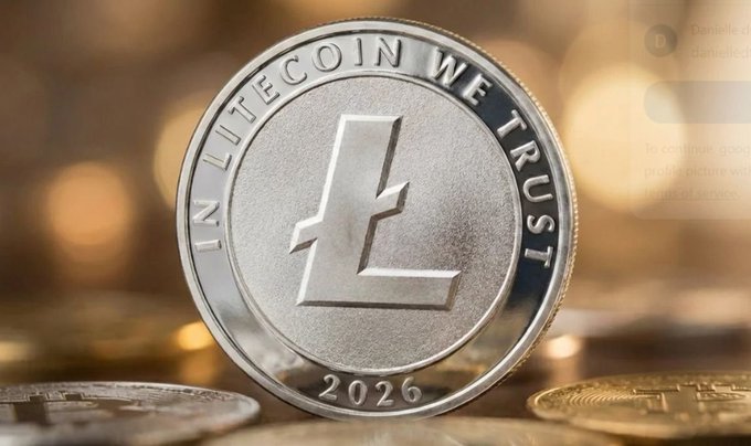 A polished silver Litecoin commemorative coin stands upright, displaying "IN LITECOIN WE TRUST" around its rim and "2026" at the bottom, with the iconic "Ł" symbol prominently centered—visually reinforcing the post's message that Litecoin ($LTC) remains a trusted, enduring payment coin in the crypto space.