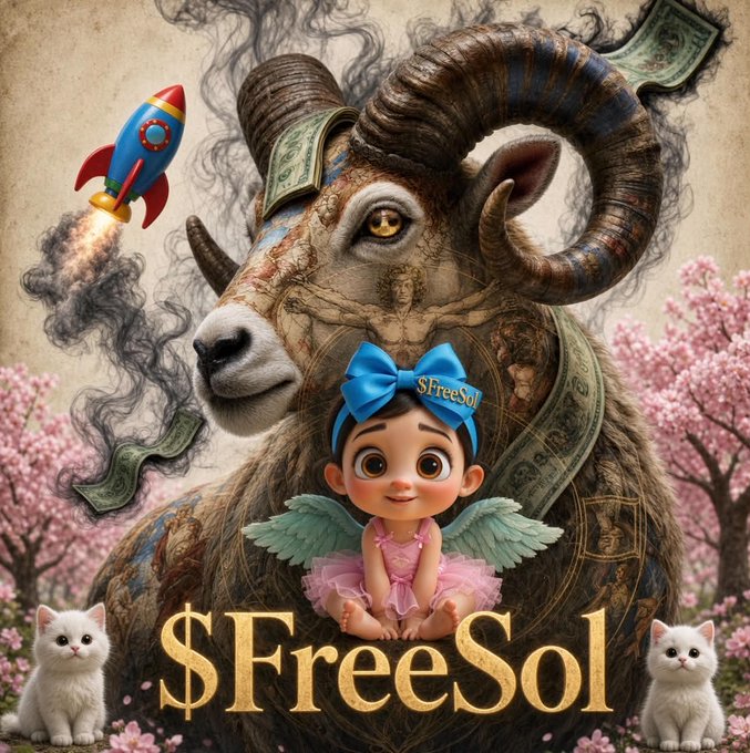 A fantasy digital illustration featuring a large ram with curled horns and money motifs, a winged baby in a pink tutu wearing a '$FreeSol' bow, a rocket ship, and two white kittens with '$FreeSol' in gold text at the bottom.