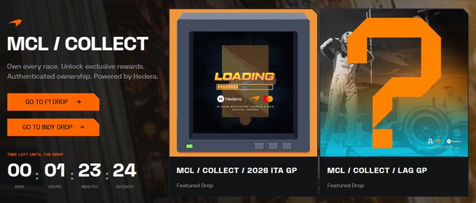 A promotional banner for MCL/COLLECT featuring a countdown timer of 00:01:23:24 until the next drop, with options to go to F1 Drop and Indy Drop, and featured drops for the 2026 ITA GP and LAG GP powered by Hedera.