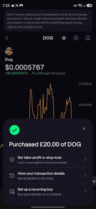 A trading app screenshot confirming a £20 purchase of DOG ($0.0005767), down 71.41% over 24 hours, displayed alongside a disclaimer warning of high investment risk. The confirmation popup with a green checkmark visually reinforces the post's message of steadily accumulating Dogecoin holdings.
