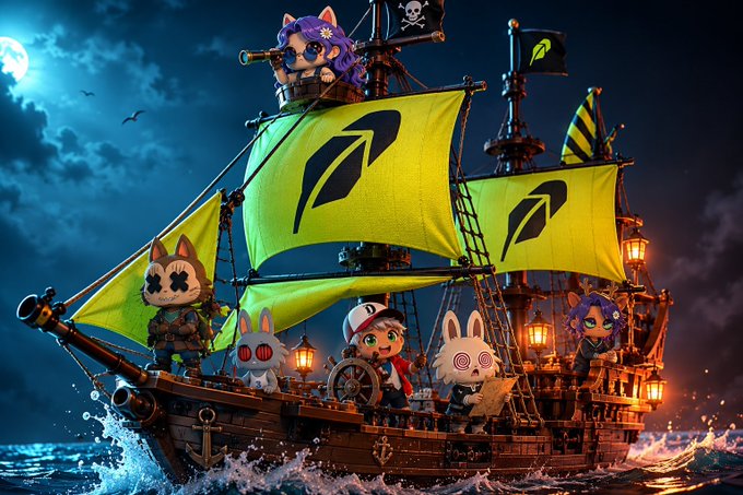 A 3D-rendered pirate ship at night with bright yellow sails featuring a black logo, carrying several animated chibi-style characters including one with purple hair at the helm.