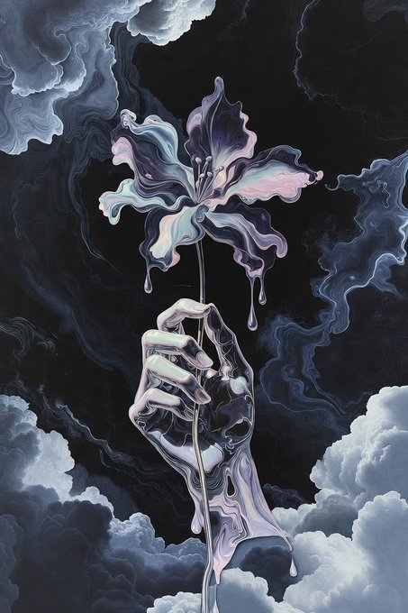A glass-like hand delicately cradles a dripping lily against a backdrop of swirling dark clouds, symbolizing the tender fragility and ethereal beauty reflected in the artwork's title, "Fragility of the Void." The surreal, dreamlike composition captures the emotional vulnerability conveyed in the artist's heartfelt thanks to their collector.