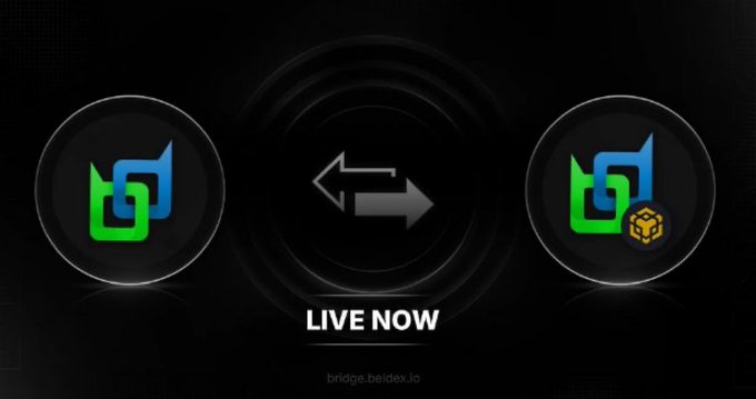 Dark promotional banner reading "LIVE NOW" with arrows between two connected logo icons, referencing bridge.beildex.io.