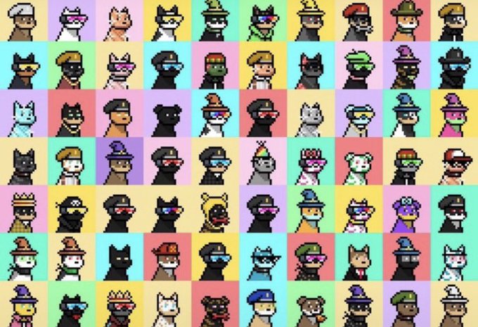 A grid of pixel-art cat avatars in various styles and outfits, each displayed on colorful pastel backgrounds.