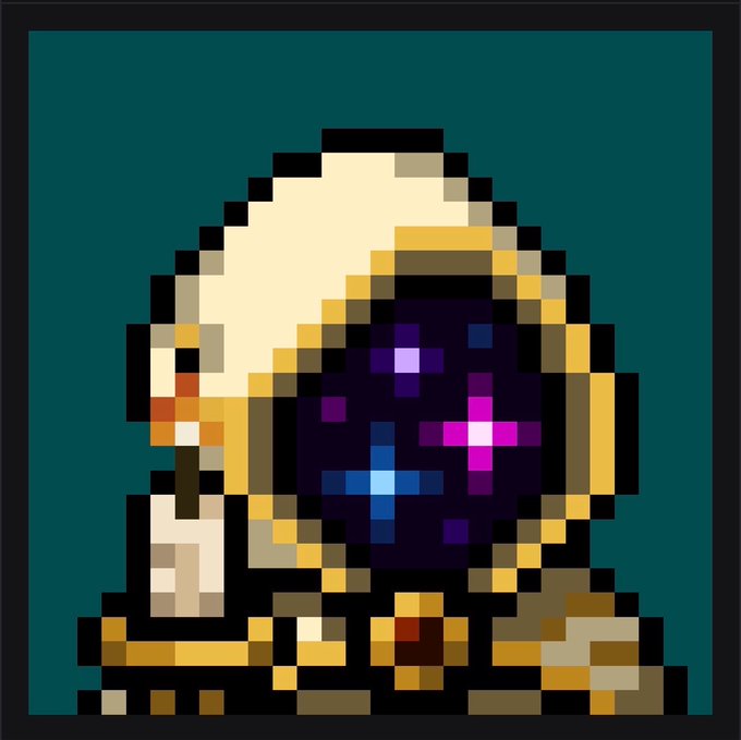 Pixel art illustration of an astronaut figure in a yellow helmet with a purple starry visor against a teal background.