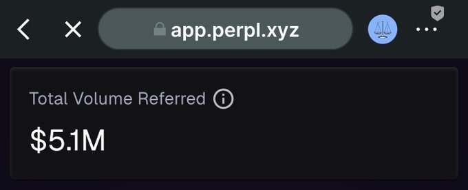 A mobile browser screenshot from app.perpl.xyz showing a 'Total Volume Referred' amount of $5.1M.