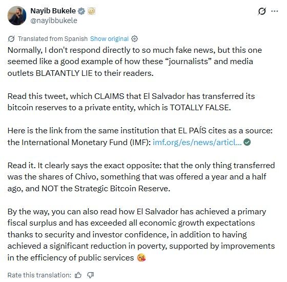 A screenshot of a tweet from Nayib Bukele (@nayibbukele) refuting claims that El Salvador transferred its strategic Bitcoin reserves to a private entity, citing the International Monetary Fund (IMF) as a source contradicting the report and highlighting El Salvador's economic achievements. The tweet directly supports and expands on the accompanying post by showing Bukele's own public denial of the Bitcoin reserve transfer allegations.