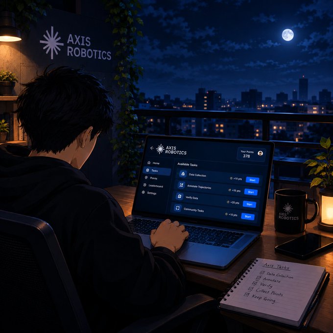 An anime-style illustration of a young man working on a laptop at night on a balcony, using the 'AXIS ROBOTICS' platform to complete tasks like Data Collection and Annotate Trajectories, with a notebook listing 'Axis Tasks' beside him.