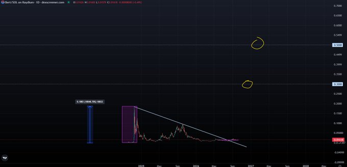 A candlestick chart of Bert/SOL on Raydium shows the token currently trading at $0.004018, with yellow circles marking the analyst's projected price targets of $0.30 and $0.50, which would represent significant repricing from current levels. The descending trendline and historical price action highlight the long-term recovery needed to reach these ambitious targets.