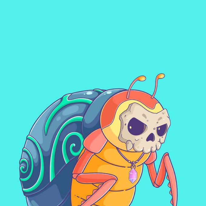 Cartoon illustration of an orange bug-like creature with a skull face, antennae, and a snail shell with spiral patterns, wearing a purple crystal pendant against a teal background.