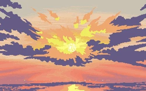 A pixel art illustration of a vibrant sunset over the ocean, featuring a bright yellow sun with orange rays piercing through purple clouds and reflecting on the pink-hued water.